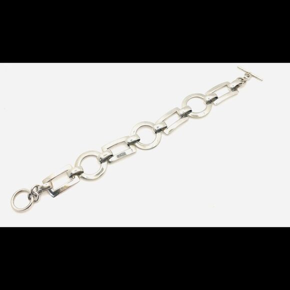 VINTAGE STERLING SILVER Circle and Rectangle Geometric Link Bracelet - Picture 1 of 5
